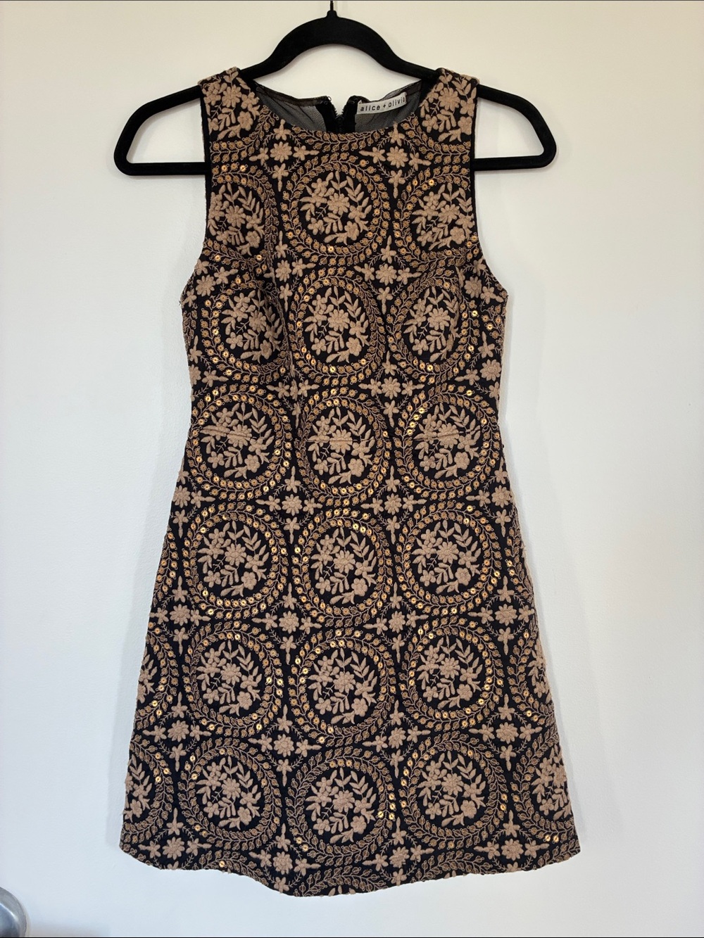 Alice + Olivia Black Dress with Nude Floral Embroidery